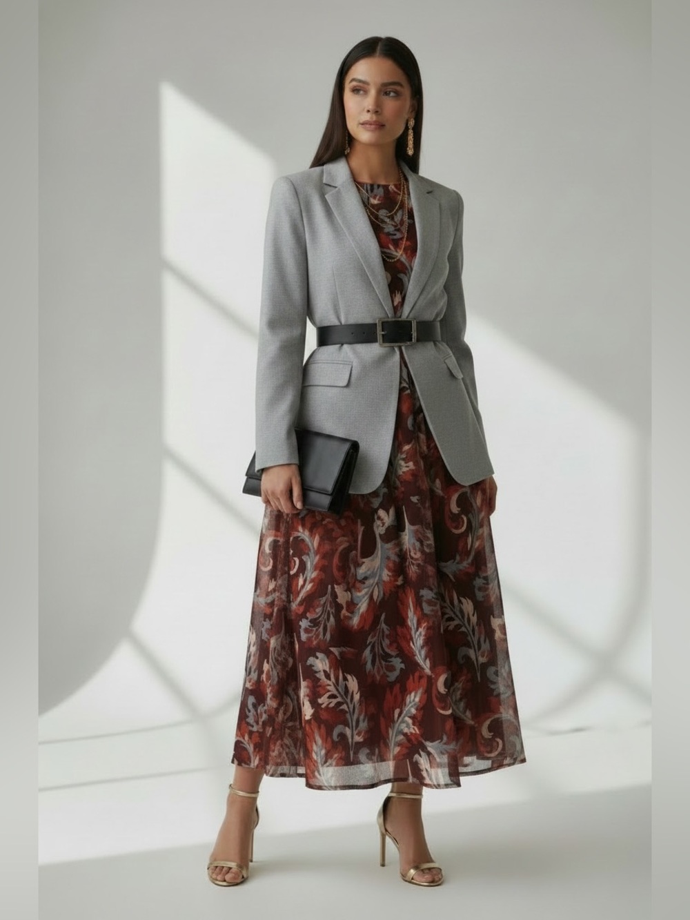 Merokeety Long-Sleeve Burgundy Leaf-Print Midi Dress - Picture 2 of 5
